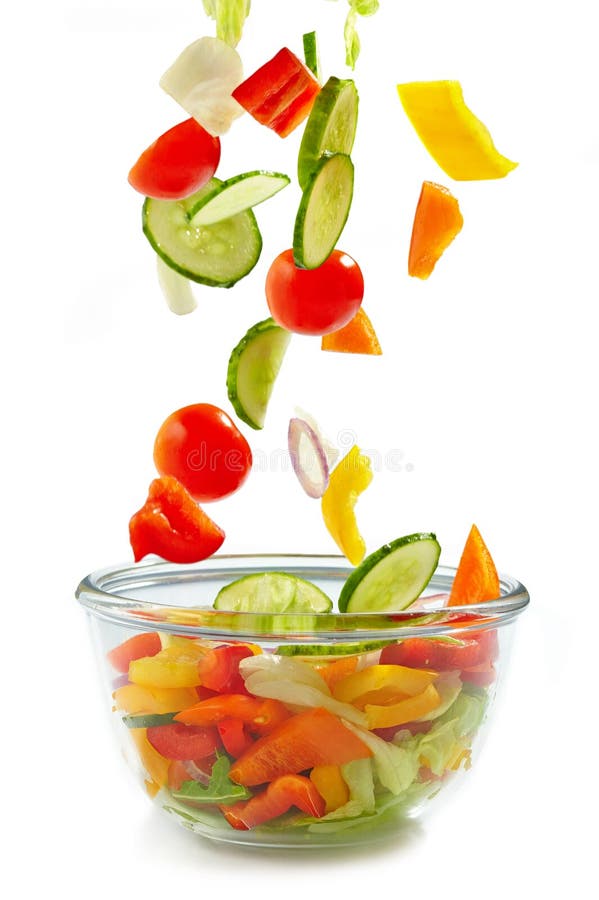 Fresh Vegetables Falling into the Glass Bowl Stock Photo Image of
