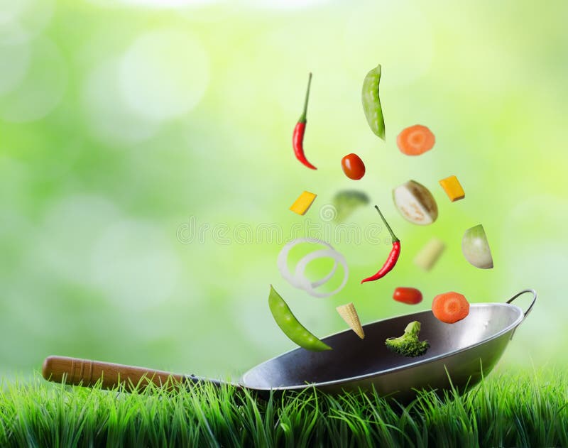 Steaming Mixed Vegetables in the Wok, Asian Style Cooking Vegetarian