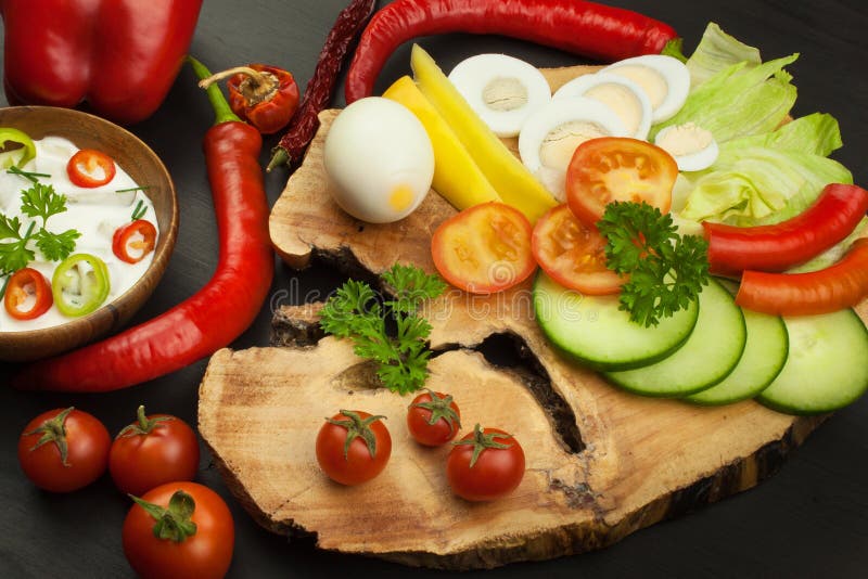 Fresh Vegetables for Snacks with Dressing. Dip for Vegetables. Healthy