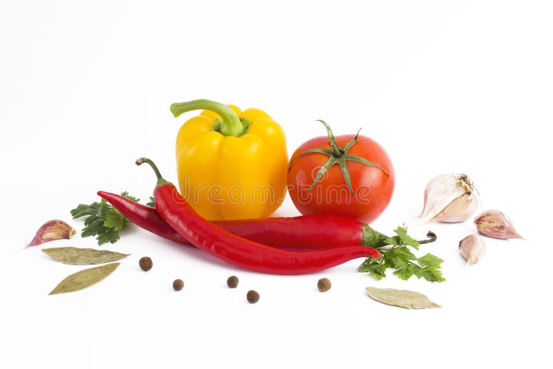 Fresh vegetables on a white background. Peppers m tomato on white background.