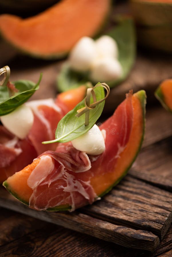 Fresh Water Melon with Parma Ham, Basil and Cherry Mozzarella Stock