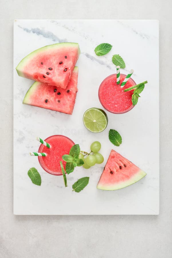 Fresh watermelon juice with mint and lime stock photos