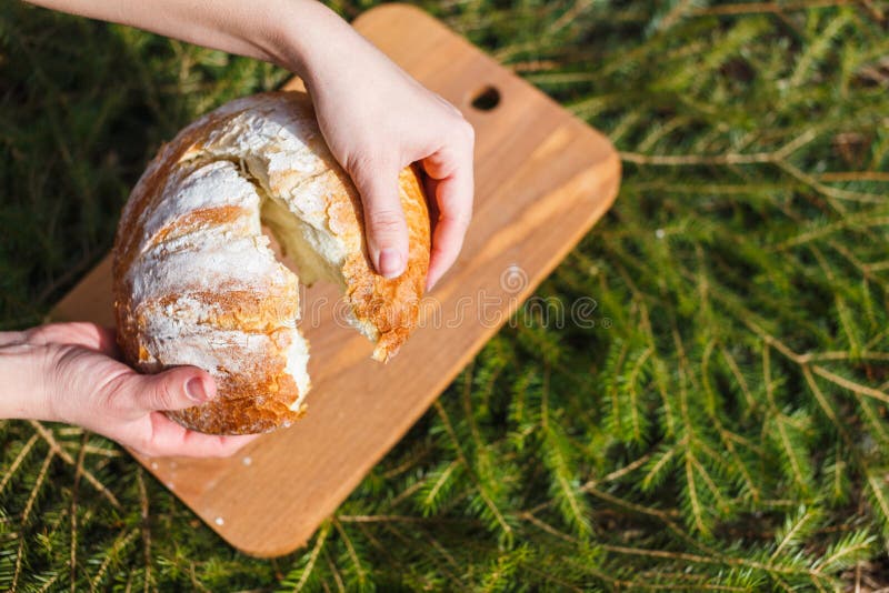 Fresh White Bread on a Cutting Board on the Background of Green