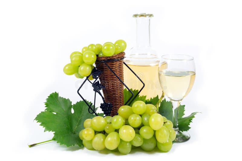 Fresh White Grapes with Green Leaves, Wine Glass Cup and Wine Bottle Filled with White Wine Isolated on White
