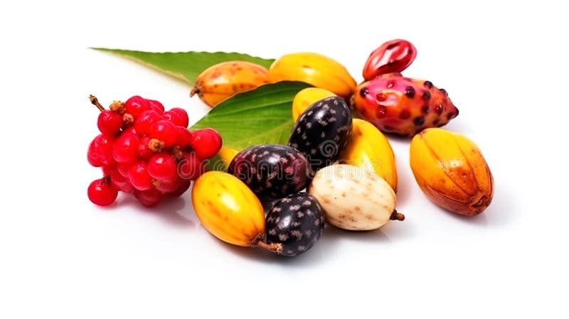 Fresh wild forest tropical exotic berries with leaf on books, isolate on white background. AI generated. royalty free stock images Fresh wild forest tropical exotic berries with leaf on books, isolate on white background. AI generated. royalty free stock images