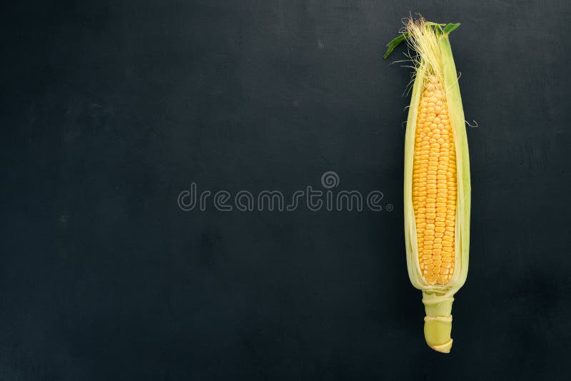 Fresh yellow corn on a black wooden table. Vegetables.