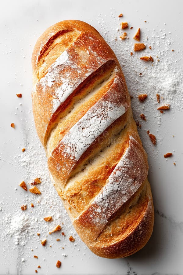 Freshly baked artisan bread loaf resting on marble countertop with flour dust scattering around. Warm and inviting royalty free stock photography