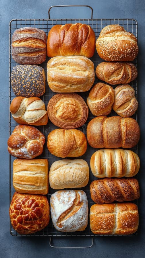 Freshly baked assorted bread rolls on display at a local bakery for customers to choose from. An array of freshly baked bread rolls featuring various textures and toppings is displayed at a local bakery. Customers can select their favorite rolls among the AI generated