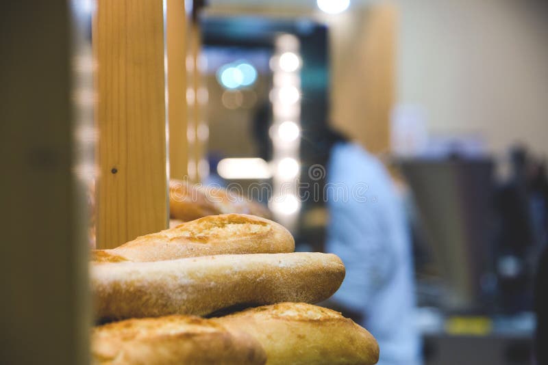Freshly Baked Bread and Bakery Products on the Counter Stock Photo
