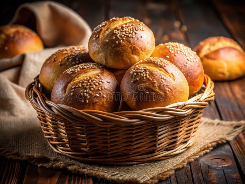 Freshly Baked Golden Brown Round Buns i en Wicker Basket Homemade Goodness redo att glädja sig stock illustrationer
