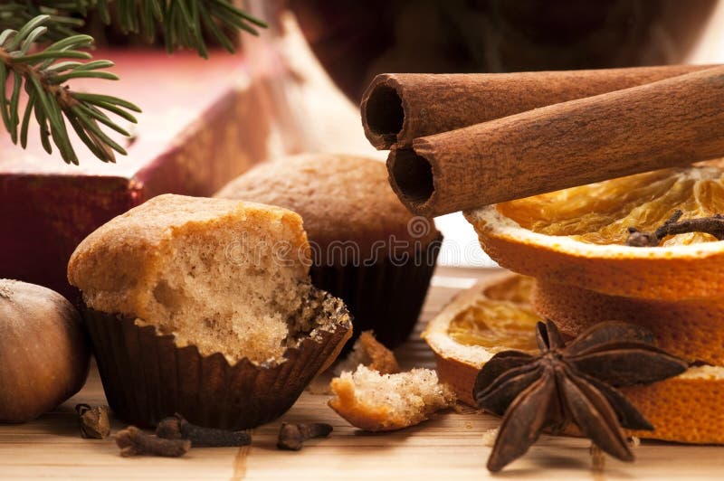 Freshly baked muffins with difrens kind of spieces - christmas decoration