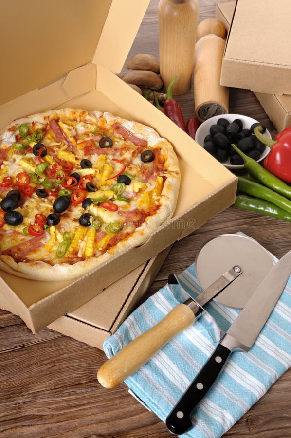 Freshly Baked Pizza with Stack of Delivery Boxes Stock Image Image of