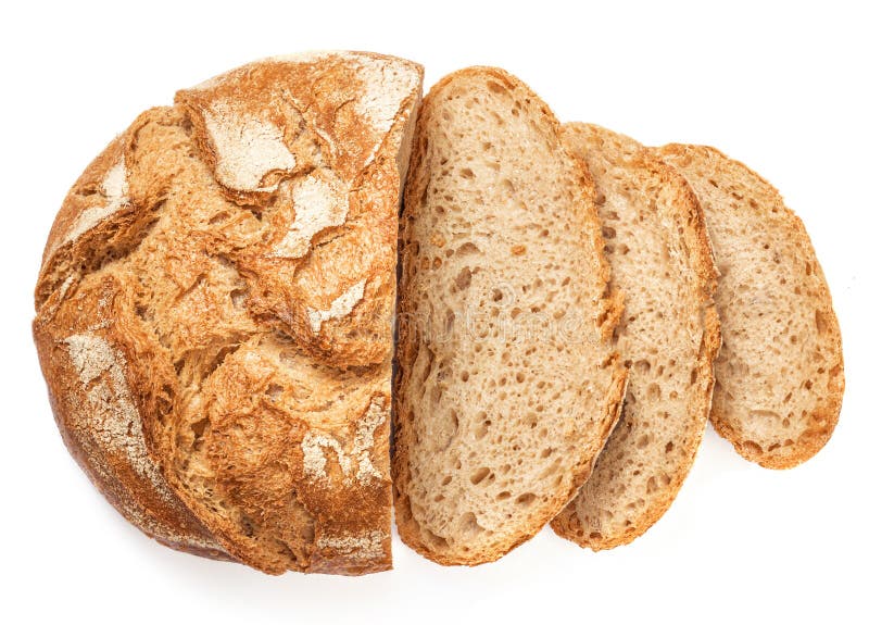 Freshly baked round  Bread isolated on white background.  Sliced, cutted wheat bread. Bakery, rustic  traditional food concept.