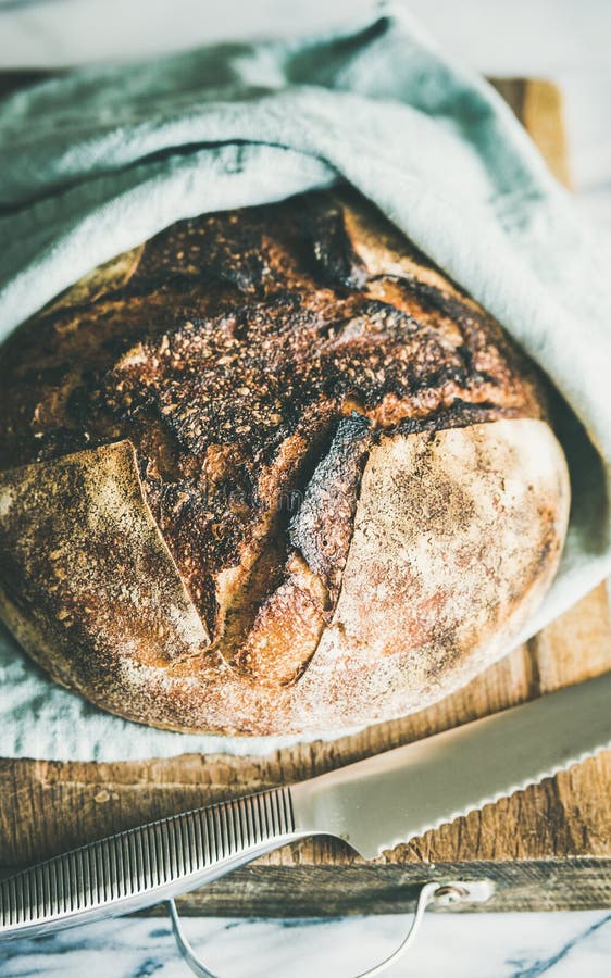 Freshly Baked Sourdough Bread on Chopping Board, Selective Focus Stock ...