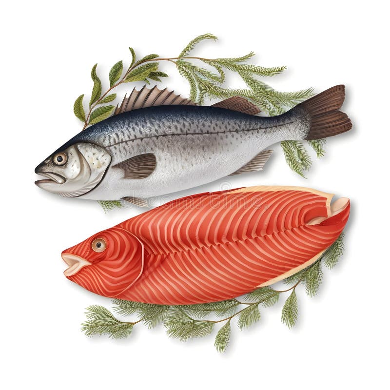 Freshly caught fish with garnish illustration stock illustration