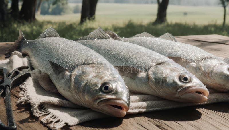 Freshly Caught Fish Lying on a Wooden Table Outdoors vector illustration