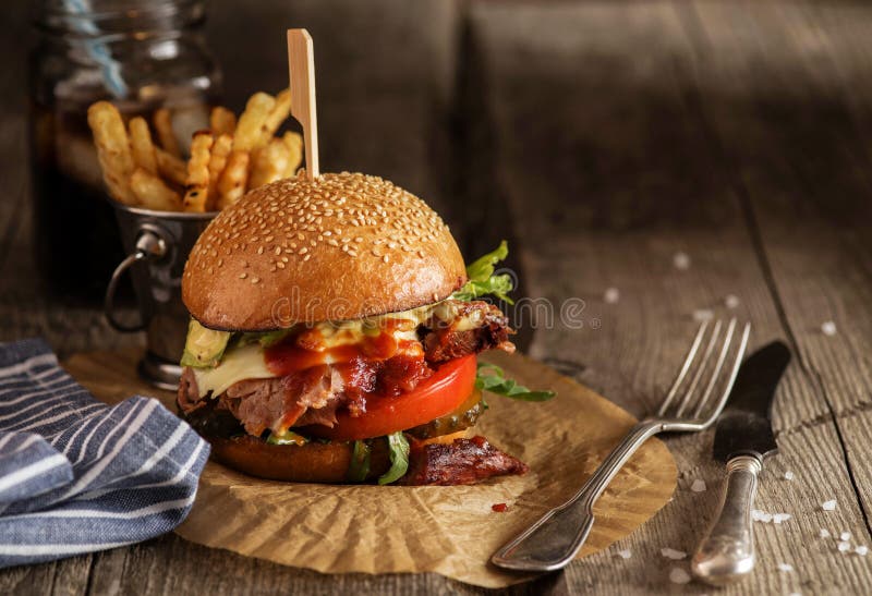 Freshly Cooked Homemade Burger with Chopped Beef, Cheese and Fresh