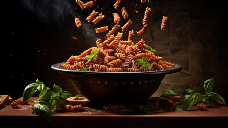 Freshly cooked pasta spinning energetically in a bowl with vibrant herbs in a rustic kitchen stock image