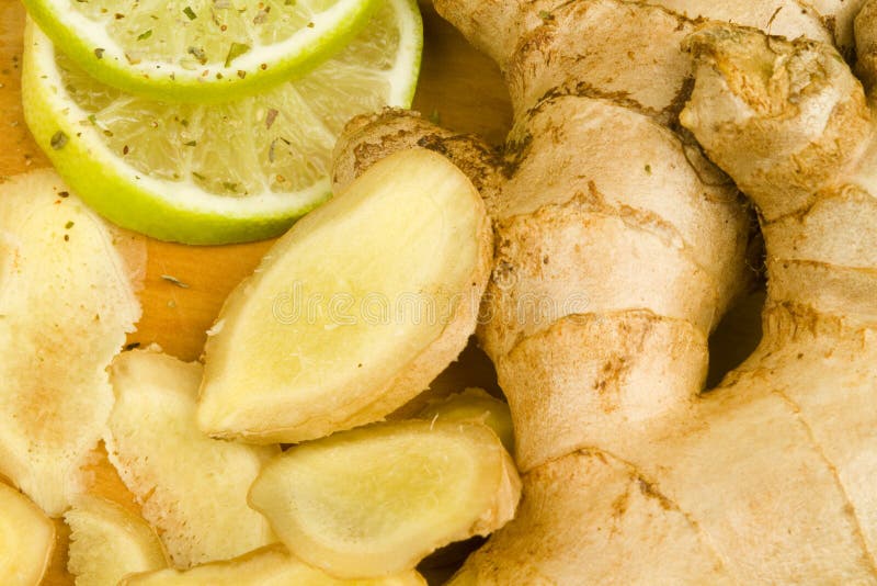 Freshly cut ginger rhizome with lime