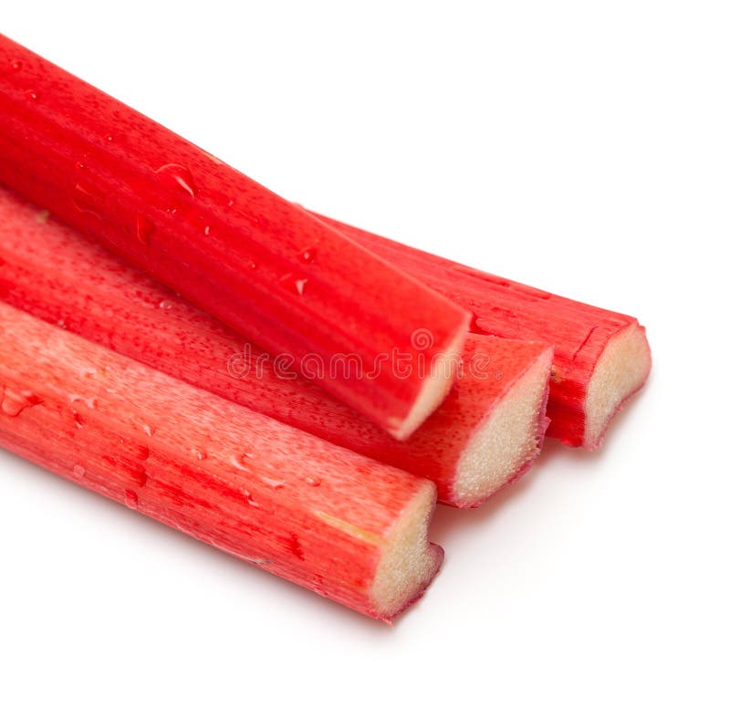 Freshly cut stems of rhubarb on a white background