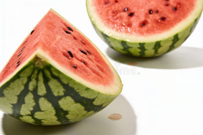 Two juicy watermelon pieces, one triangular and one half-round, are displayed on a bright white surface with subtle shadows. Triangular cut watermelon stock images, royalty-free photos and pictures