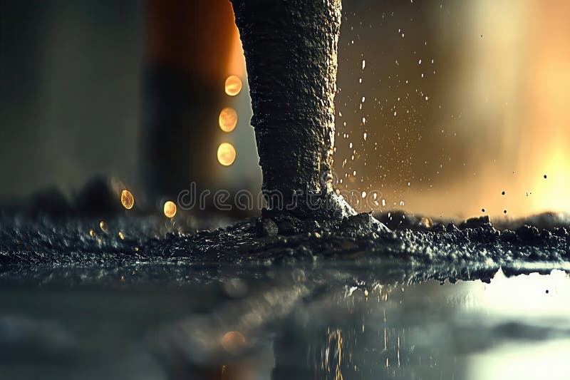 Freshly extruded wet concrete glistens under soft light during construction in a building site showcasing the process of pouring a royalty free stock photos