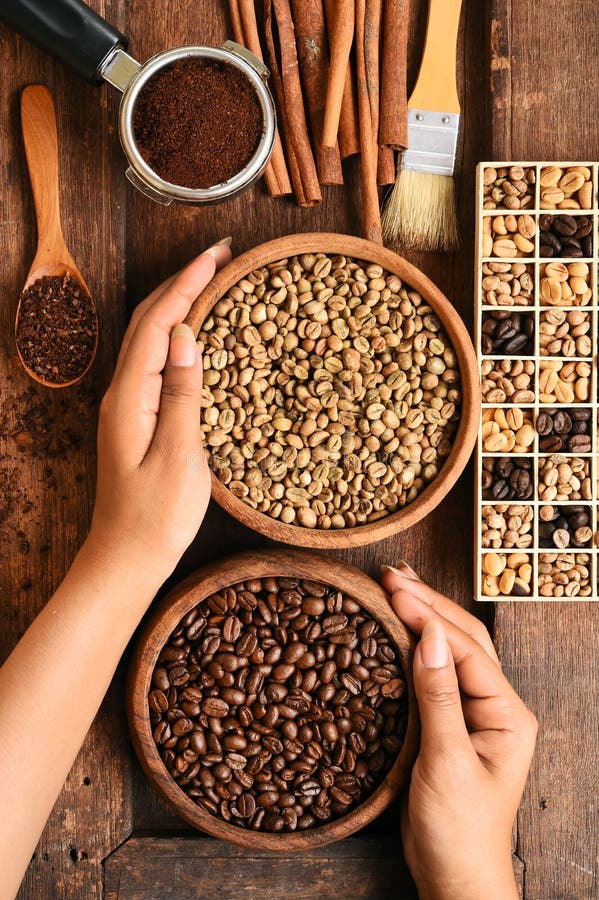 Freshly Ground Coffee Beans in a Metal Filter and Different Coffee