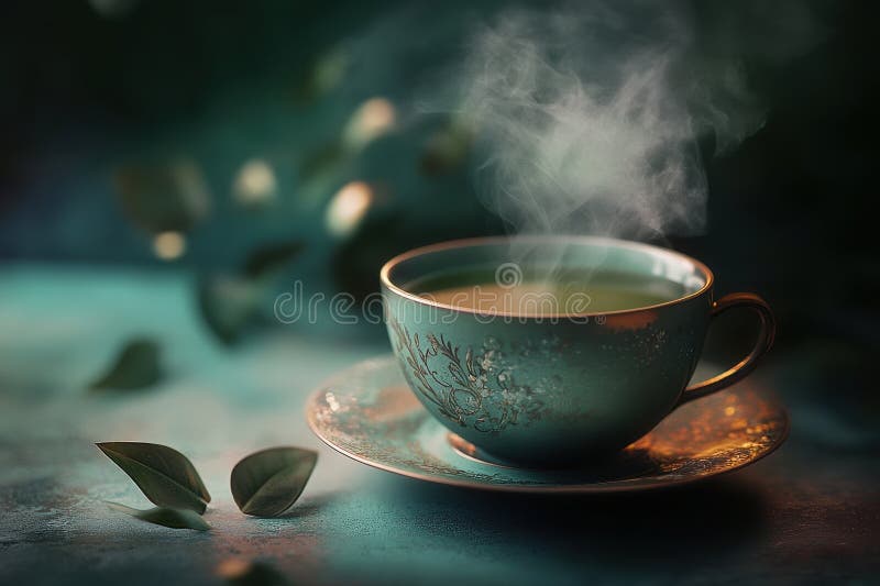 Experience tranquility with a steaming cup of freshly poured green tea on a decorative saucer amidst serene leaves. Generative AI stock illustration