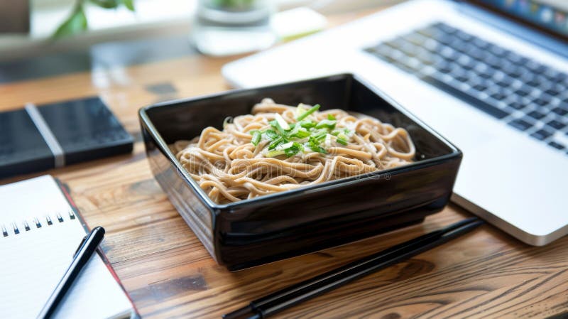 Freshly Prepared Asian Noodles in Black Bowl on Work Desk. AI generated