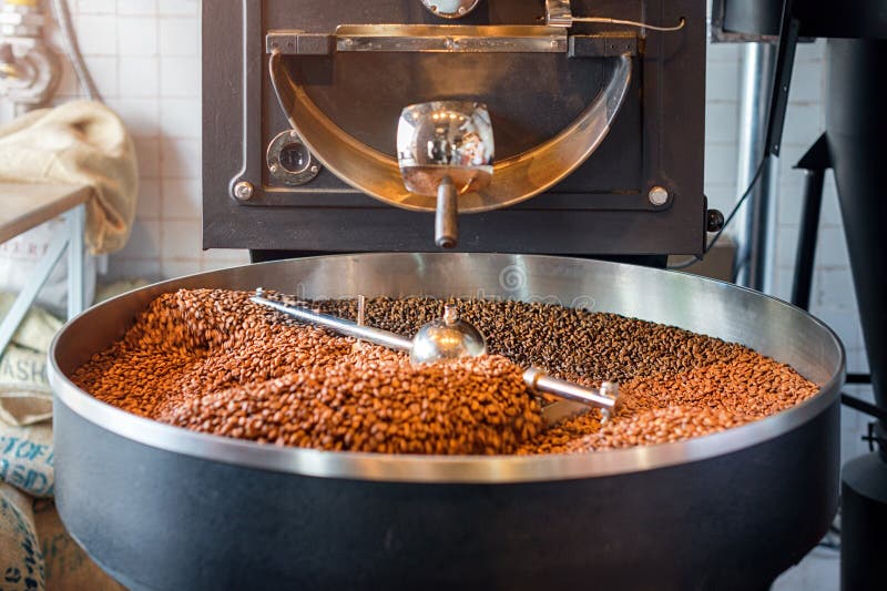 Freshly Roasted Coffee Beans from a Large Roaster in the Cooling