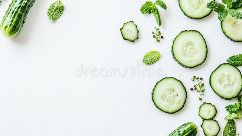 Freshly sliced cucumber is the main subject of the image, which is set against a clean white background and includes stock images
