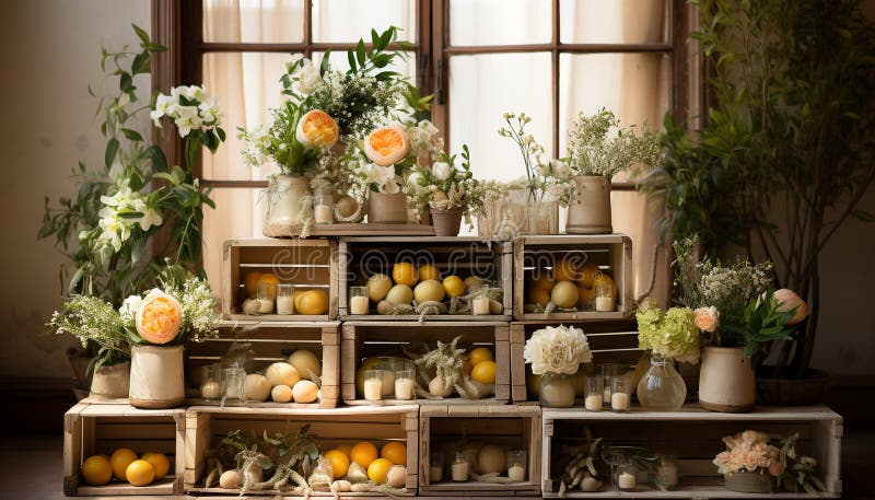 Freshness and nature adorn the rustic wooden shelf with organic fruits and flowers generated by AI