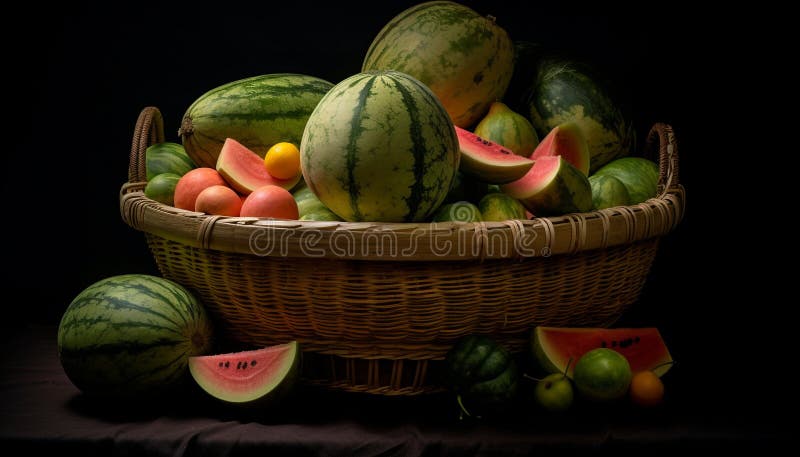Freshness of nature bounty in a colorful wicker fruit basket generated by AI royalty free stock photo