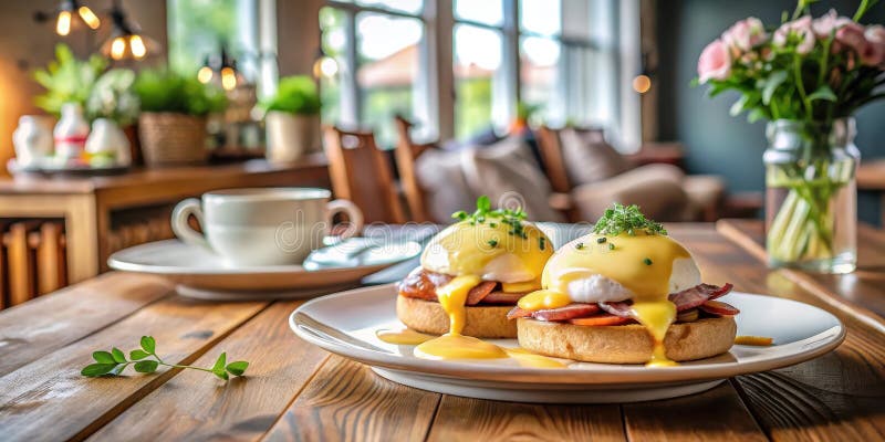 Freuen Sie sich auf köstliche Eier mit Schinken auf geröstetes Brot, das in einem gemütlichen Café in Kaffee serviert wird. Genera lizenzfreie abbildung