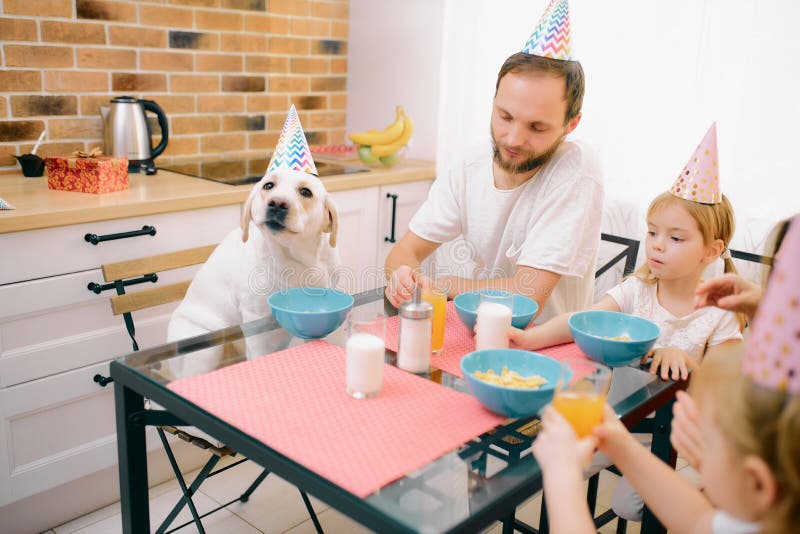 Freundlich geselliger Familiensitz feiert Geburtstag zu Hause mit Hund lizenzfreie stockbilder Freundlich geselliger Familiensitz feiert Geburtstag zu Hause mit Hund lizenzfreie stockbilder