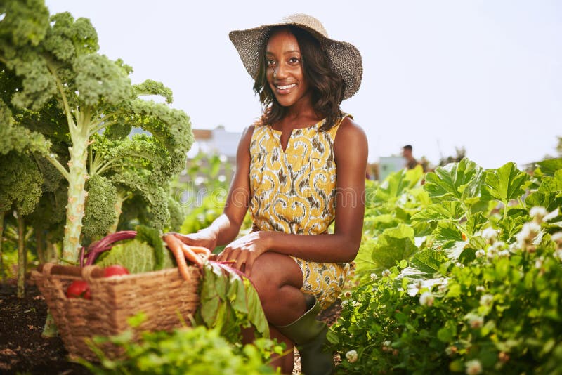 Fashionable black female gardener tending to organic crops at community garden and picking up a basket full of produce. Fashionable black female gardener tending to organic crops at community garden and picking up a basket full of produce