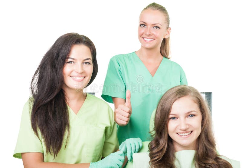 Freundliche Zahnarztfrau, -patient und -assistent stockbilder Freundliche Zahnarztfrau, -patient und -assistent stockbilder