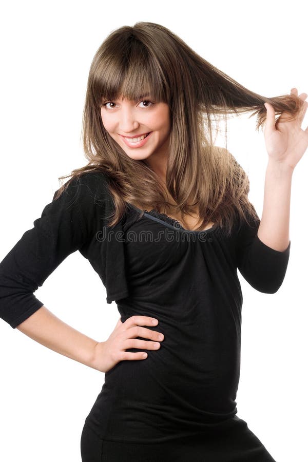 Freundlicher Brunette im Schwarzen stockfotografie