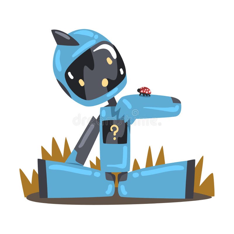 Freundlicher Roboter, der auf Gras auf Gutem persönlichen behilflichem Roboterkonzept der künstlichen Intelligenz des Charakters d stock abbildung