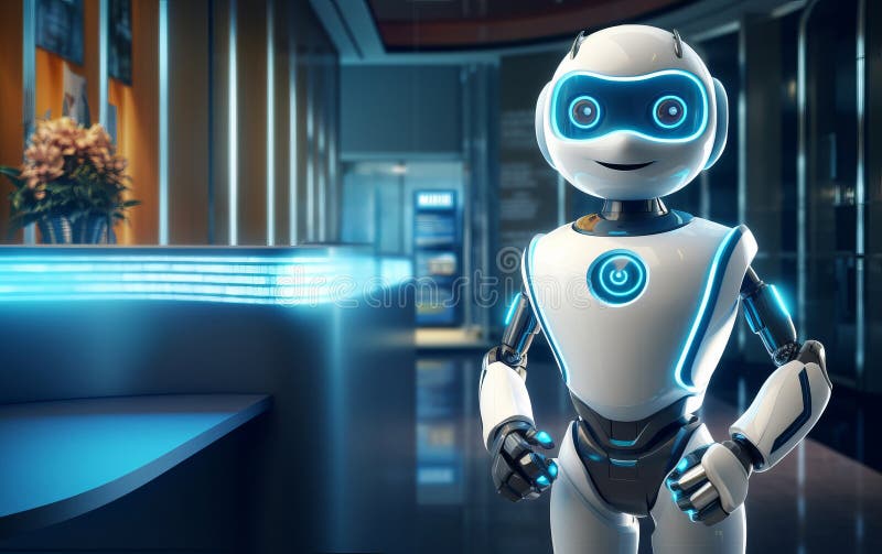 Freundlicher Roboterassistent begrüßt Gäste in der modernen Lobby stockbild