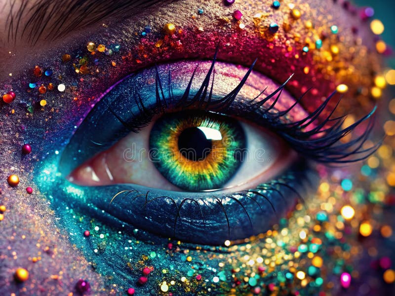 Fri inre cosmos täck upp surreal glitterögonsaudad makeup för en kosmisk gnista och ett shimmer utseende stock illustrationer