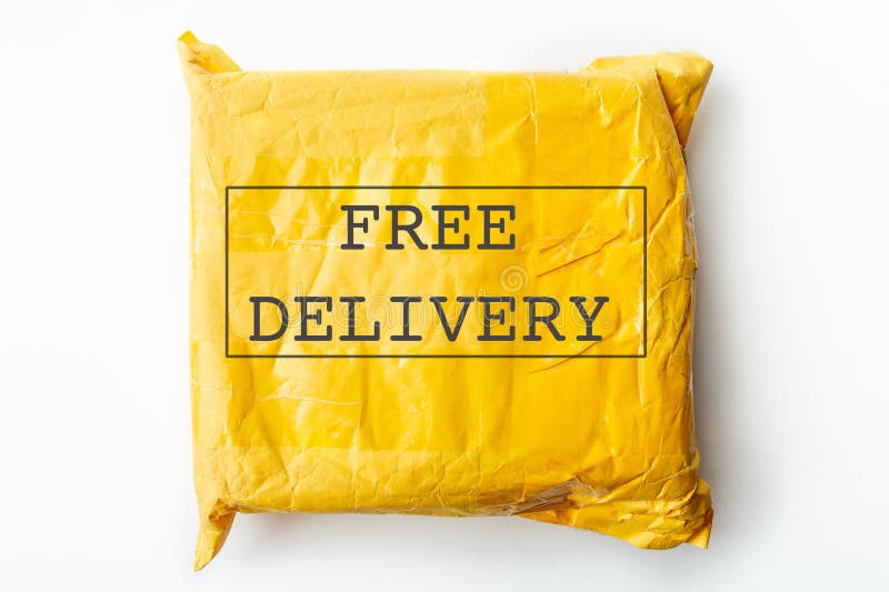 FREE DELIVERY text on yellow parcel package or cargo box with product, free logistic shipping and distribution at online internet shopping concept. FREE DELIVERY text on yellow parcel package or cargo box with product, free logistic shipping and distribution at online internet shopping concept