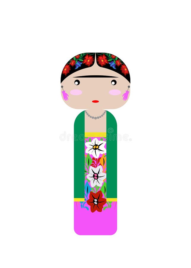 Frida Kahlo Kokeshi Doll, ilustração do vetor isolada ilustração stock Frida Kahlo Kokeshi Doll, ilustração do vetor isolada ilustração stock