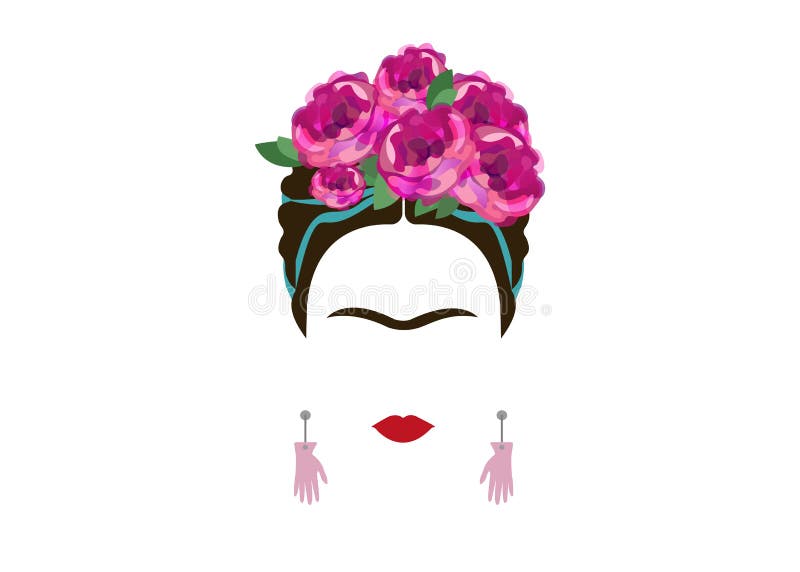 Frida Kahlo minimalist portrait with earrings hands vector illustration Frida Kahlo minimalist portrait with earrings hands vector illustration