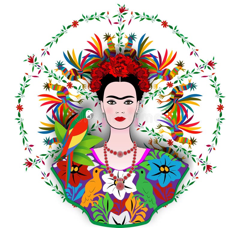 Frida kahlo wector portret młoda, piękna meksykańska kobieta z tradycyjną meksykańską fryzurą biżuterią i sukienką