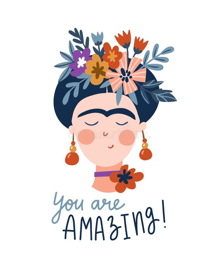 Frida Khalo Retrato femenino lindo y divertido Tarjeta de felicitación de la muchacha Diseño de la impresión del vector con el te libre illustration Frida Khalo Retrato femenino lindo y divertido Tarjeta de felicitación de la muchacha Diseño de la impresión del vector con el te libre illustration