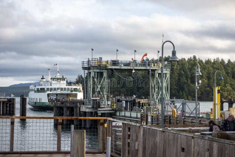 Friday Harbor, WA USA - circa November 2021: View of the Tillikum Washington State Ferry docking on San Juan Island, about to