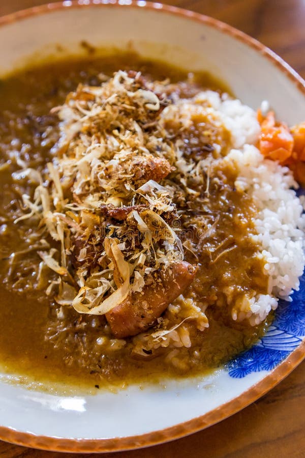 Fried Baby Octopus Curry Rice and Dried Fish. Stock Image Image of