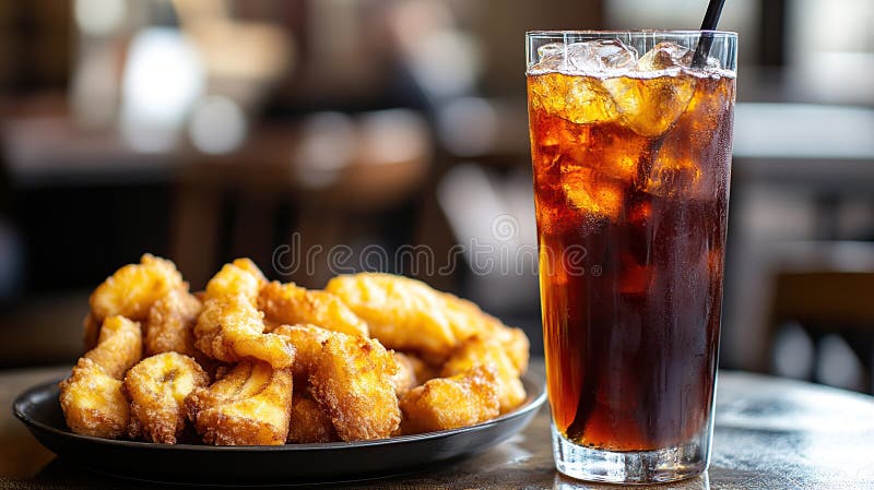Fried bananas and iced coffee on a table fotografía de archivo