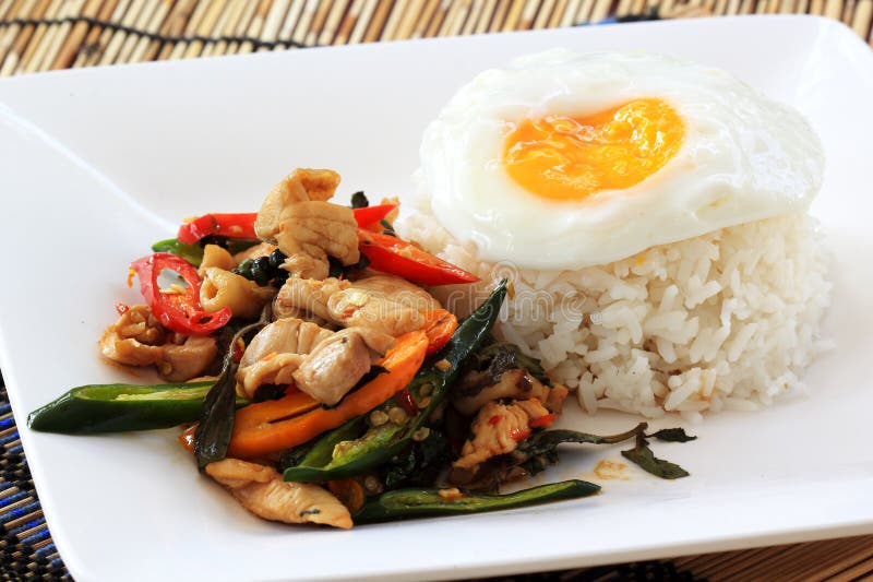Fried basil chicken with fried egg and rice